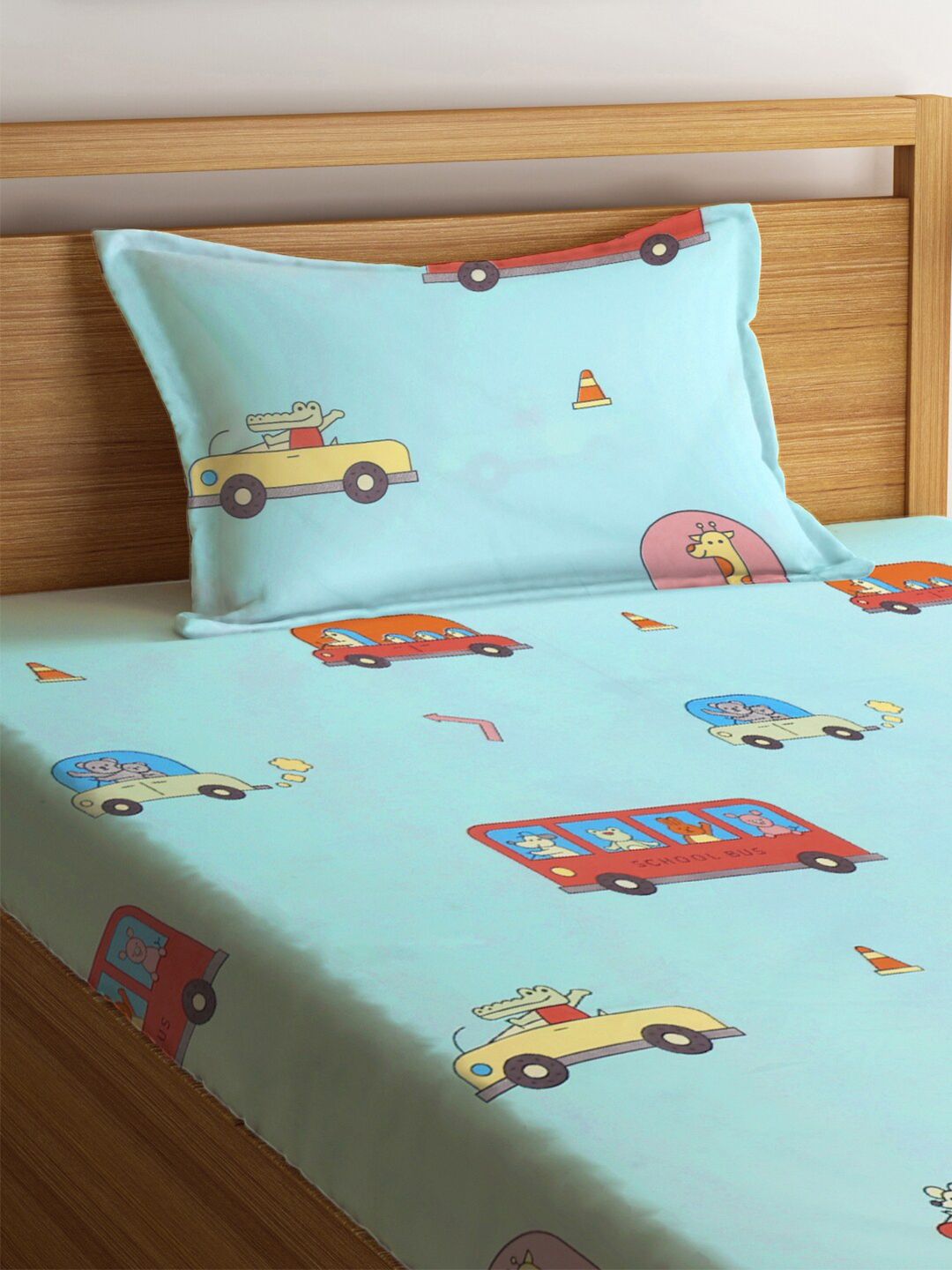 KLOTTHE Kids Multi 300 TC Cotton Blend Elasticated Single Bedsheet with Pillow Cover