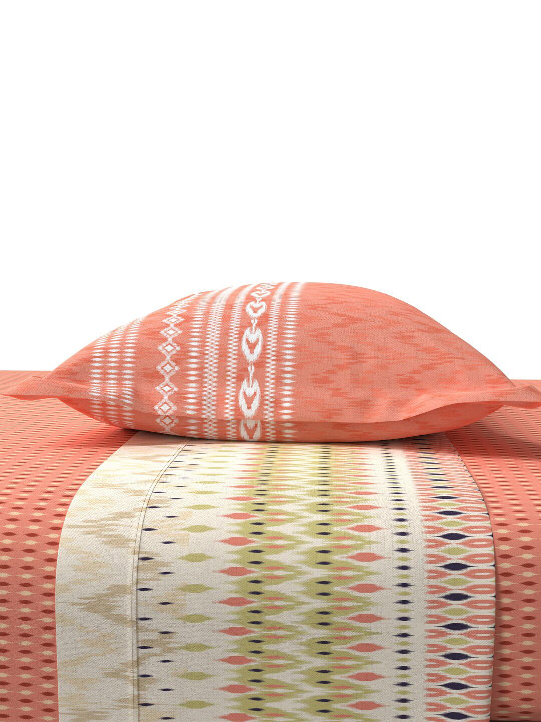 MYTRIDENT Ikkat Peach Sanskriti Flat 144TC King Cotton Bedsheet Set