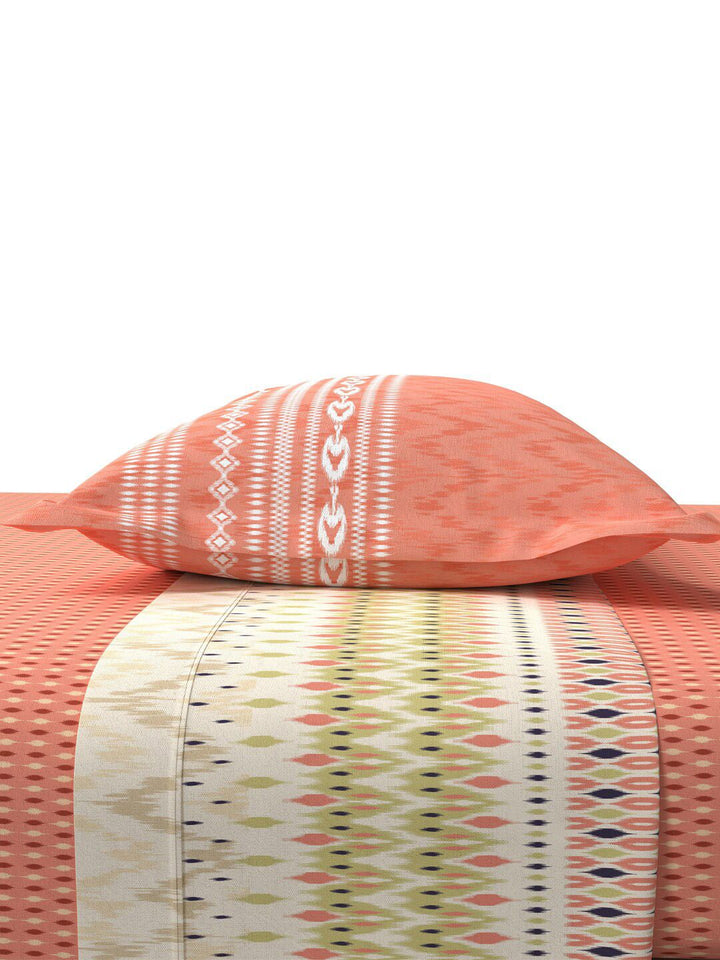 MYTRIDENT Ikkat Peach Sanskriti Flat 144TC King Cotton Bedsheet Set