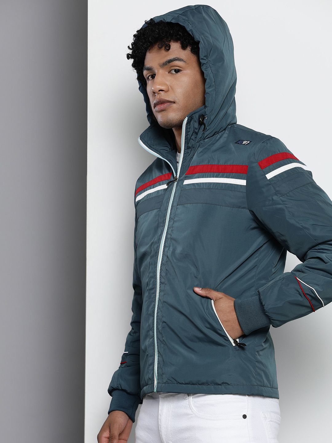 The Indian Garage Co Hooded Slim Fit Bomber Jacket with Zippered Insert Pockets