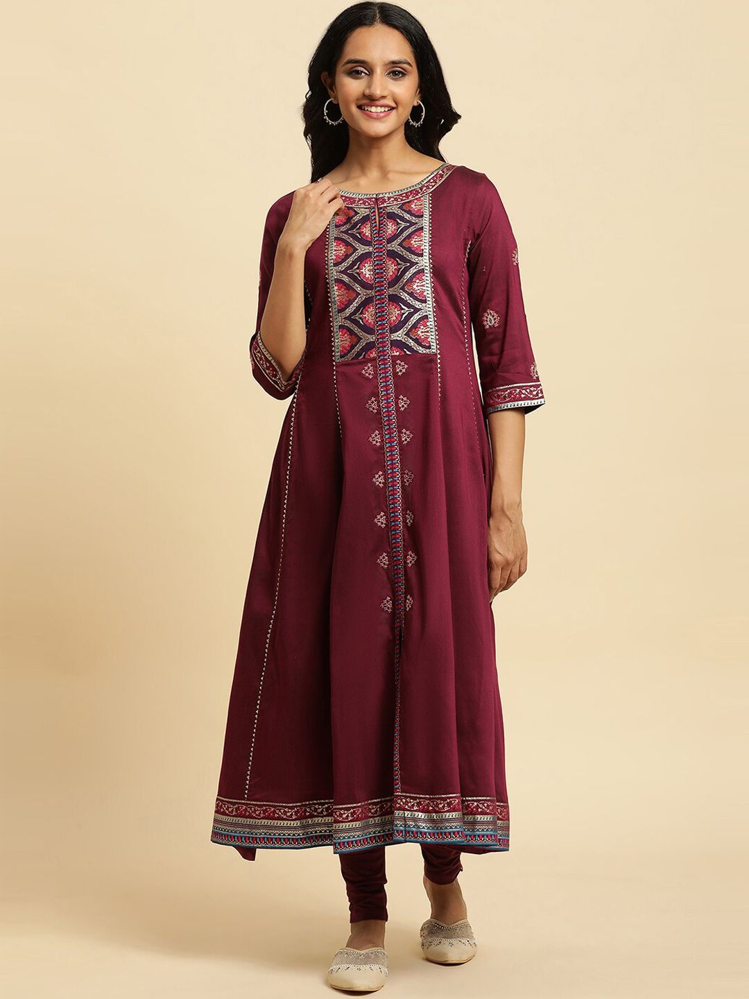 W Purple Ethnic Motifs Yoke Design Gotta Patti A-Line Kurta