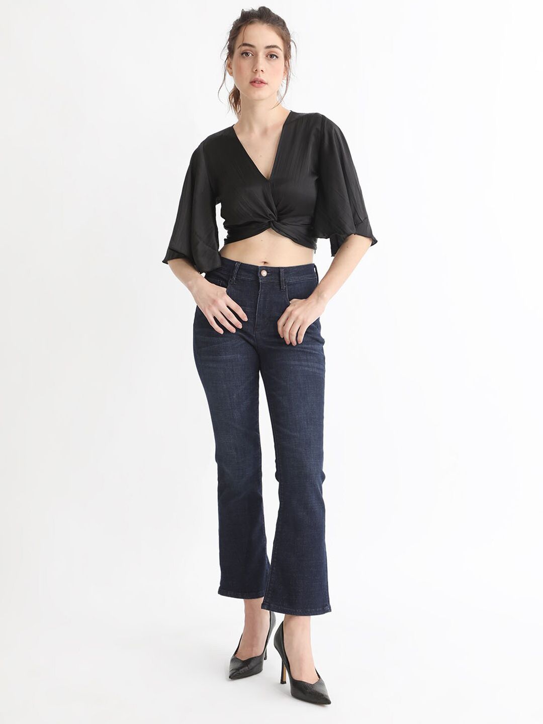 RAREISM V-Neck Flared Sleeve Cotton Crop Top