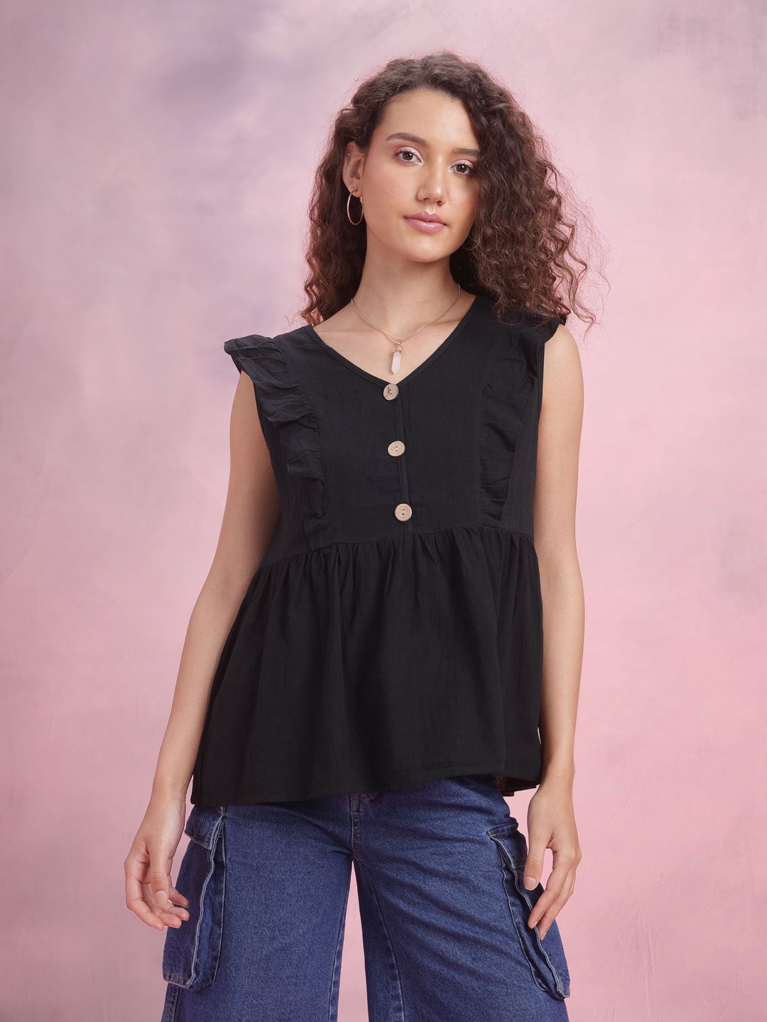 DressBerry Button Detail Ruffles A-Line Top