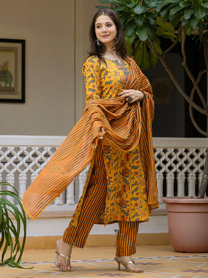 KALINI Floral Printed Regular Cotton Blend Kurta with Trousers With Dupatta