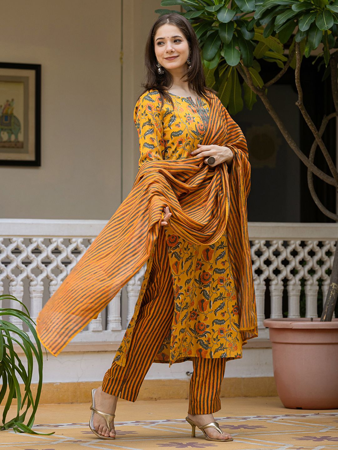 KALINI Floral Printed Regular Cotton Blend Kurta with Trousers With Dupatta