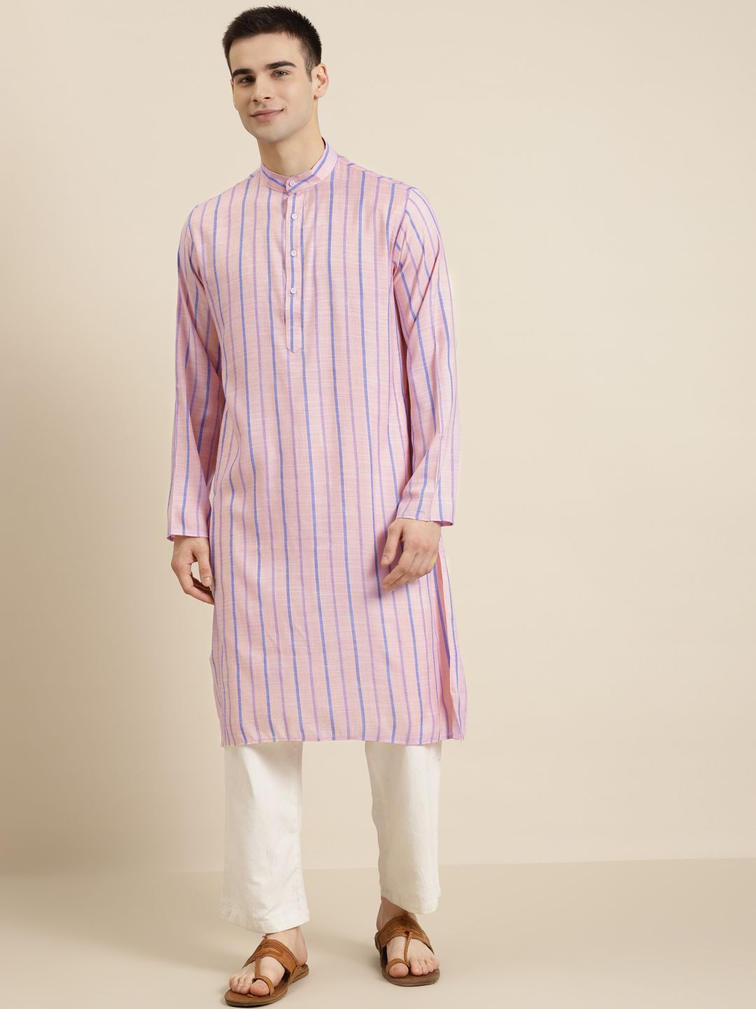 SOJANYA Men Pink & Blue Pure Cotton Striped Kurta