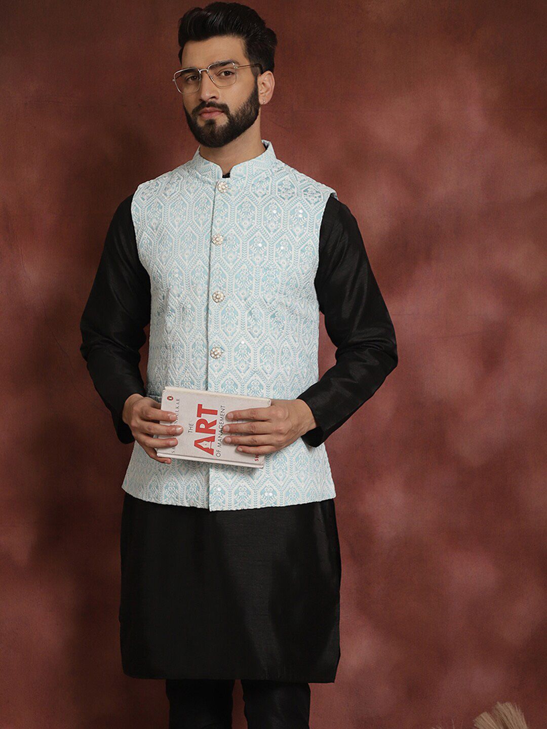 Jaket Nehru Kolar Mandarin Bersulam Biru Anouk