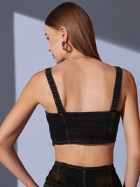 STREET 9 Solid Sleeveless Denim Crop Top