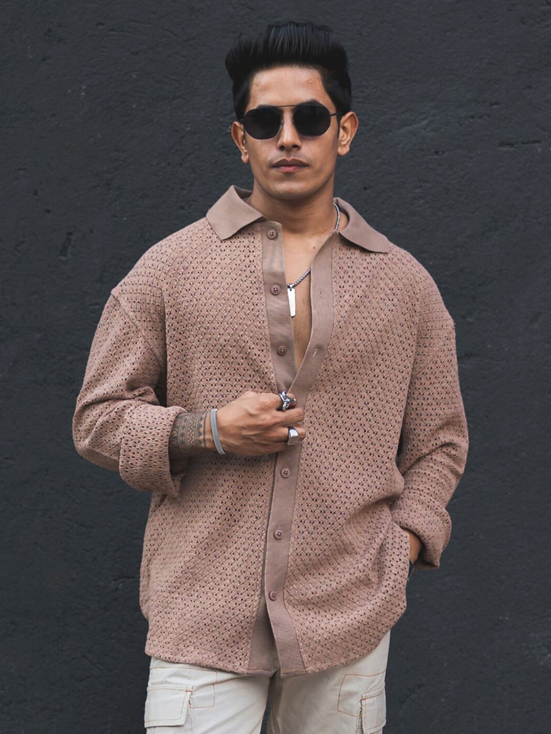 Powerlook Semi Sheer Self Design India Slim Fit Pure Cotton Oversized Crochet Shirt
