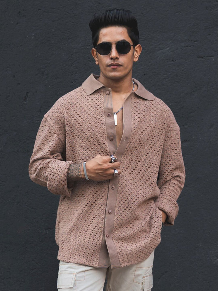 Powerlook Semi Sheer Self Design India Slim Fit Pure Cotton Oversized Crochet Shirt