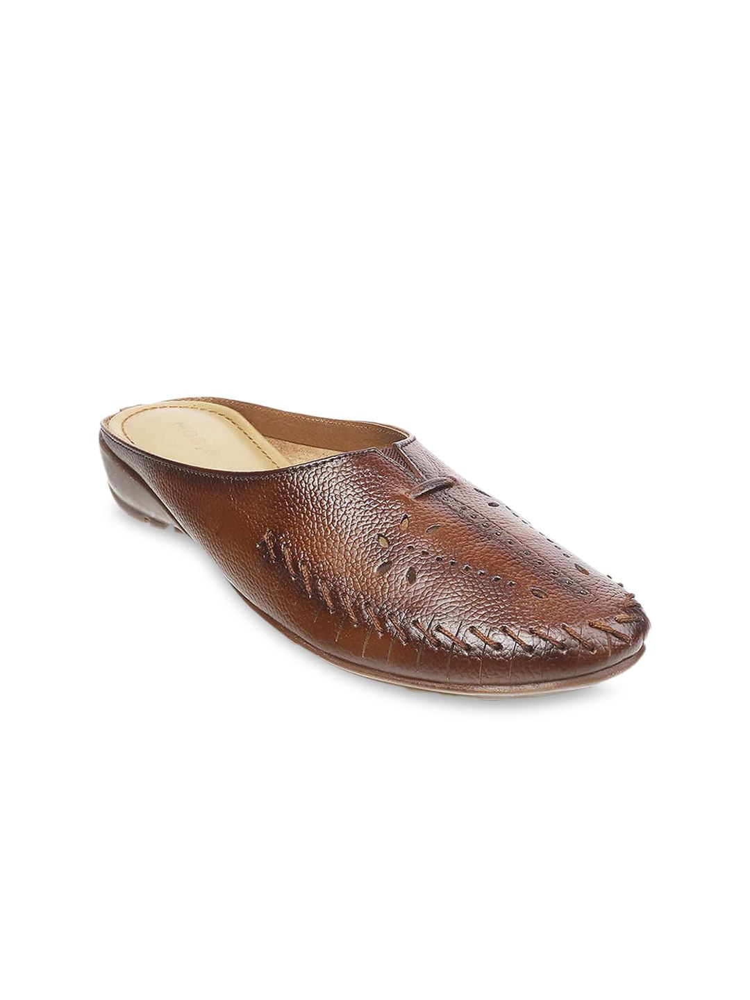 Mochi Women Tan Mules with Laser Cuts Flats