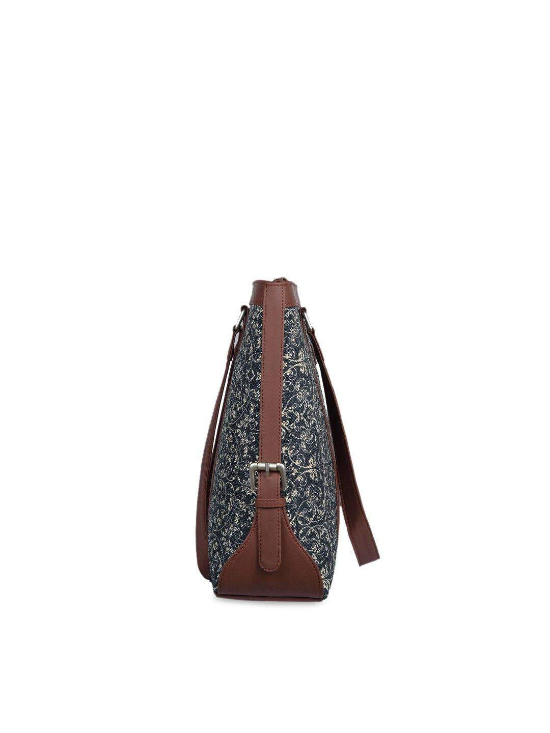 ZOUK Navy Blue & Beige Floral Print Leather Handcrafted 16 Inch Sustainable Laptop Bag