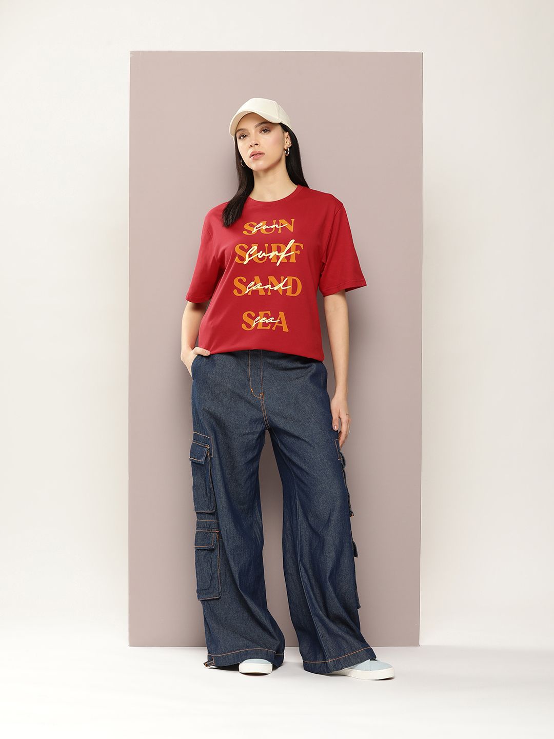 DILLINGER Women Typography Printed Embossed Oversized T-shirt