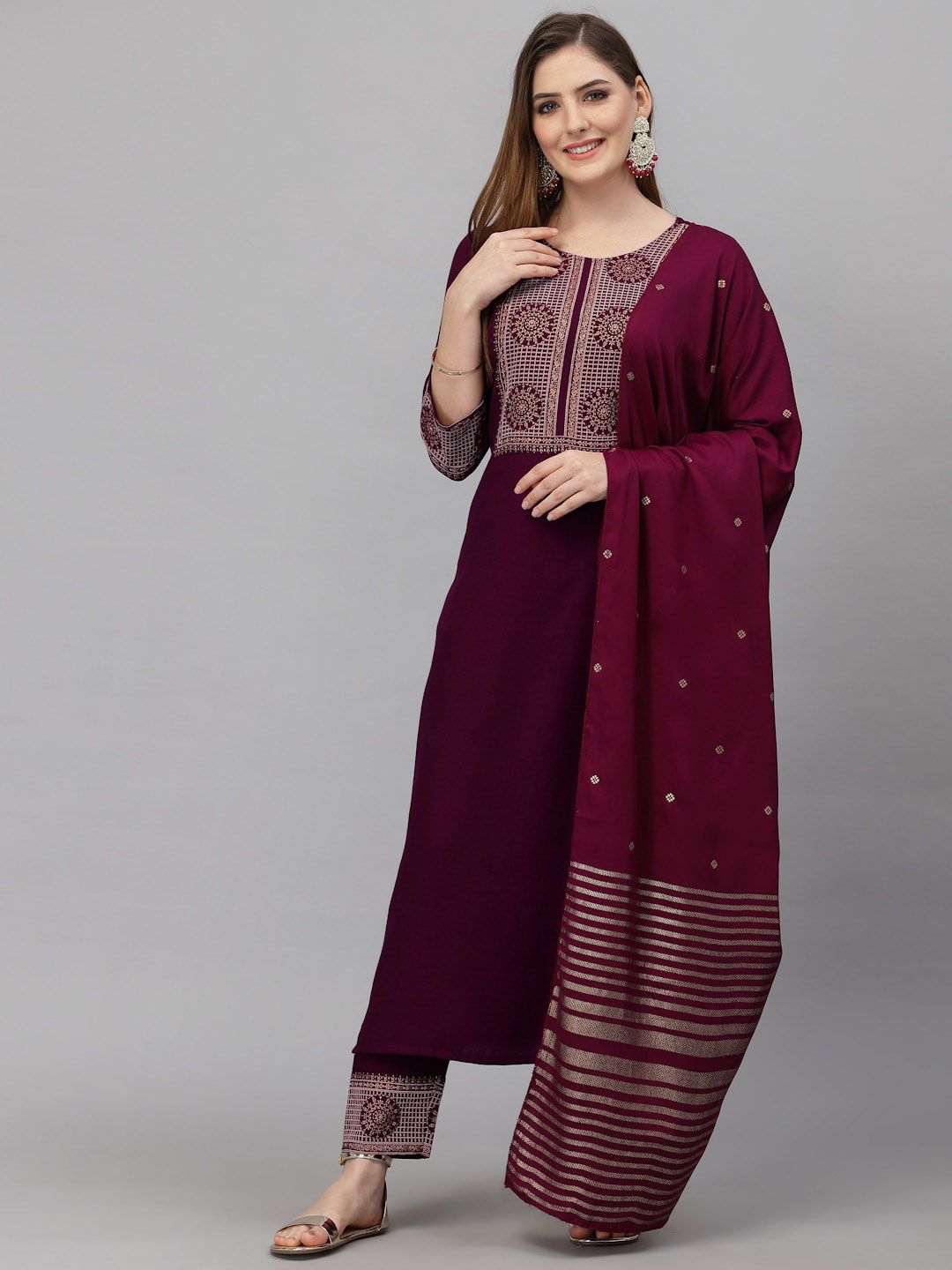 KALINI Yoke Design Embroidered Straight Kurta With Trousers & Dupatta
