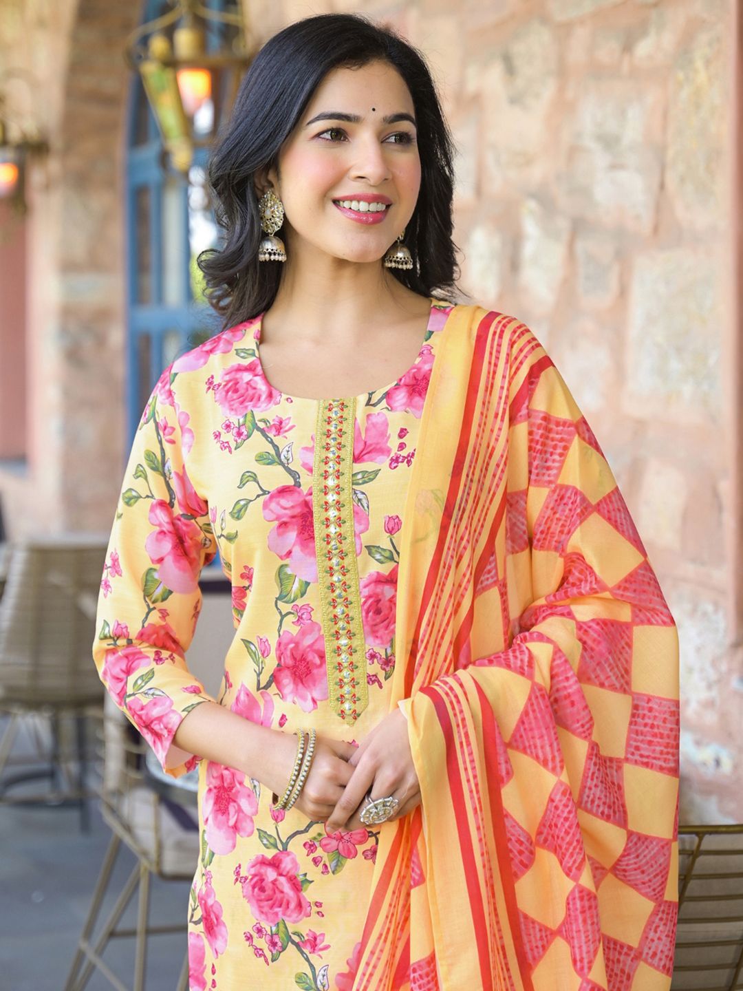 KALINI Floral Printed Straight Kurta With Trouser And Dupatta