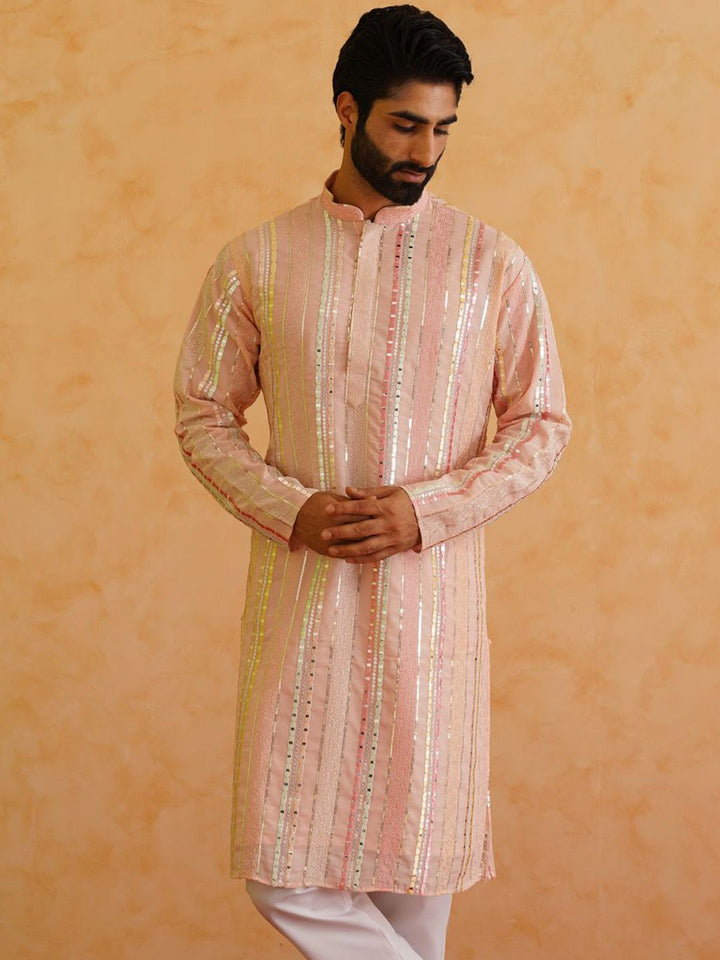 SOJANYA LUXE Berjalur Sulam Kolar Mandarin Berlabuci Kurta Lurus