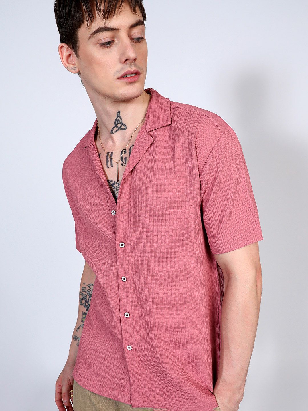 Campus Sutra Men Textured Cuban Collar Casual Shirt