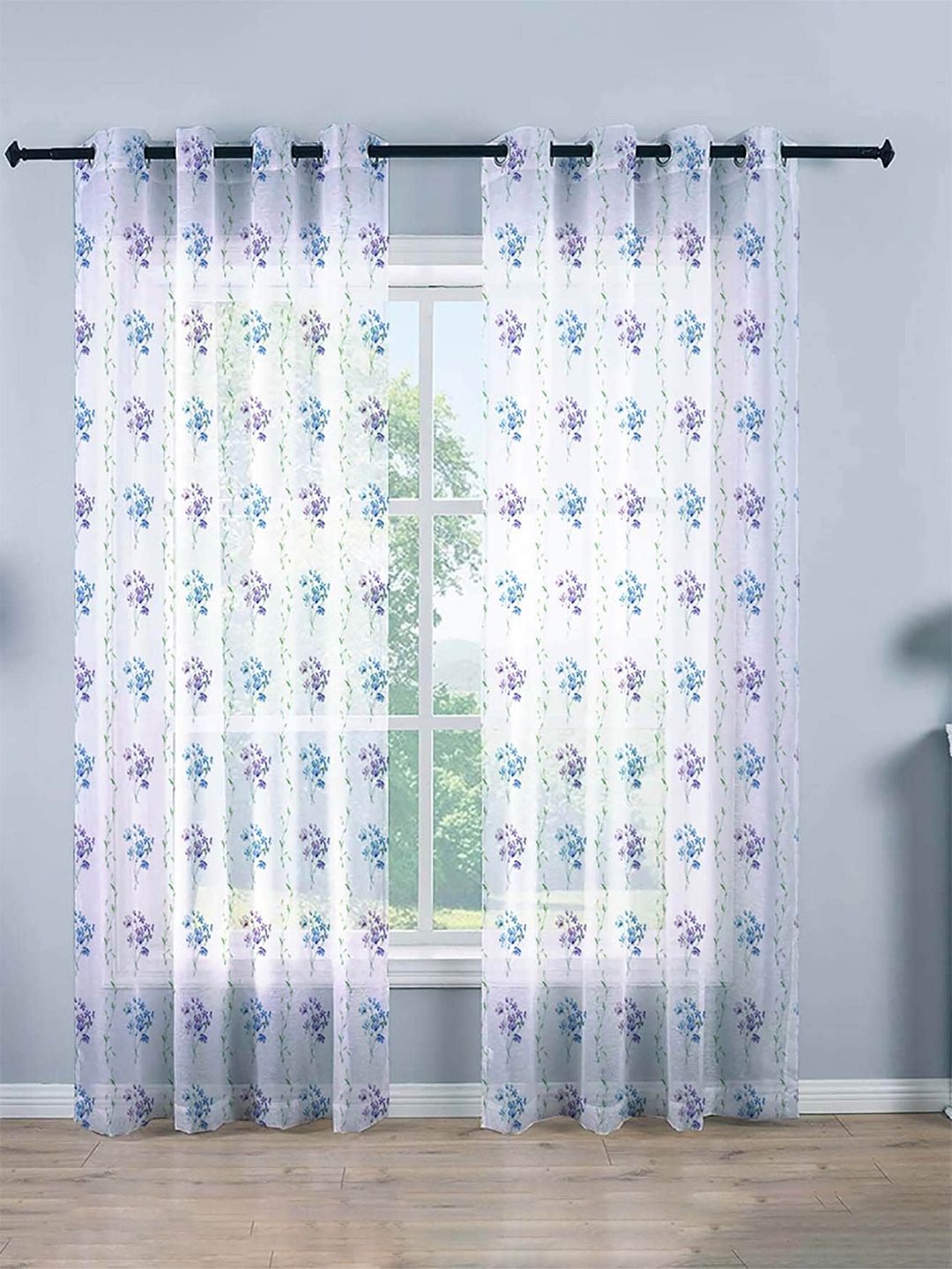 STITCHNEST White & Purple 2 Pieces Floral Printed Sheer Door Curtains