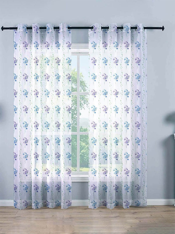 STITCHNEST White & Purple 2 Pieces Floral Printed Sheer Door Curtains