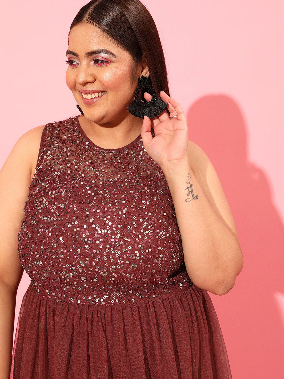 CURVY STREET Burgundy Plus Size Embellished Net Dress