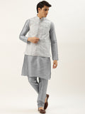 SOJANYA Set Kurta Solid Kelabu Lelaki Dengan Jaket Bersulam