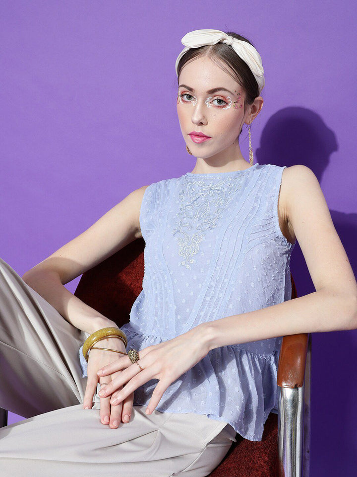 STREET 9 Women Blue Self Design Chiffon Top