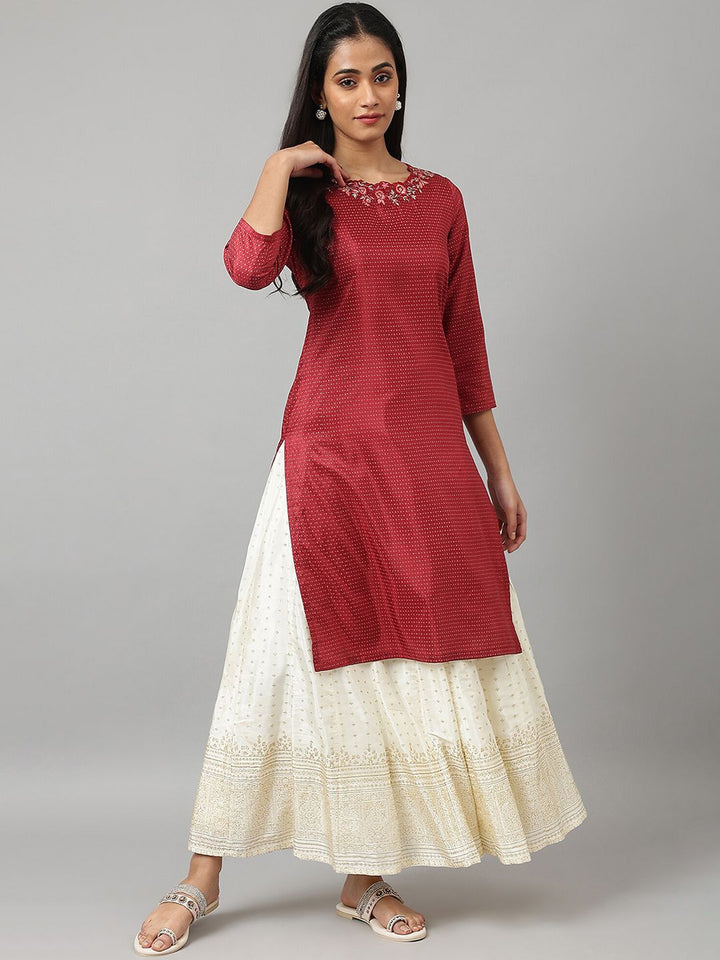 W Women Geometric Print Shantung Straight Kurta