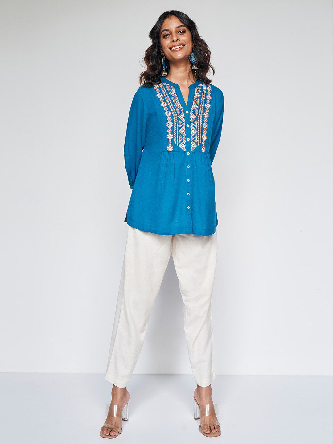 Global Desi Geometric Embroidered Mandarin Collar Cuffed Sleeves Shirt Style Top