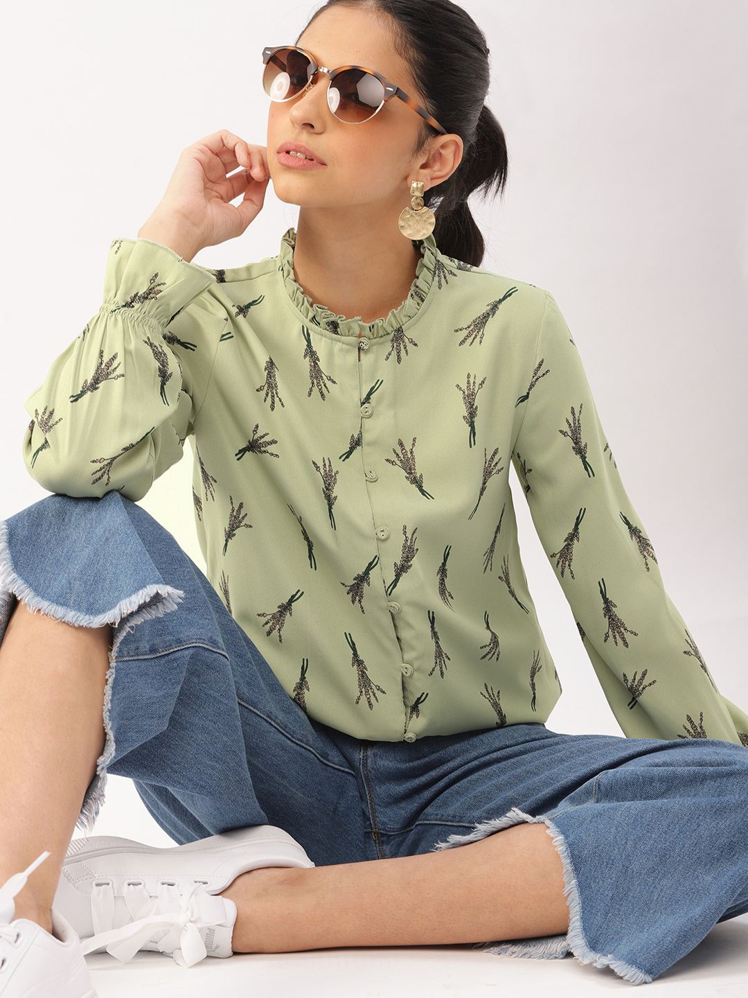DressBerry Olive Green Floral Shirt Style Top