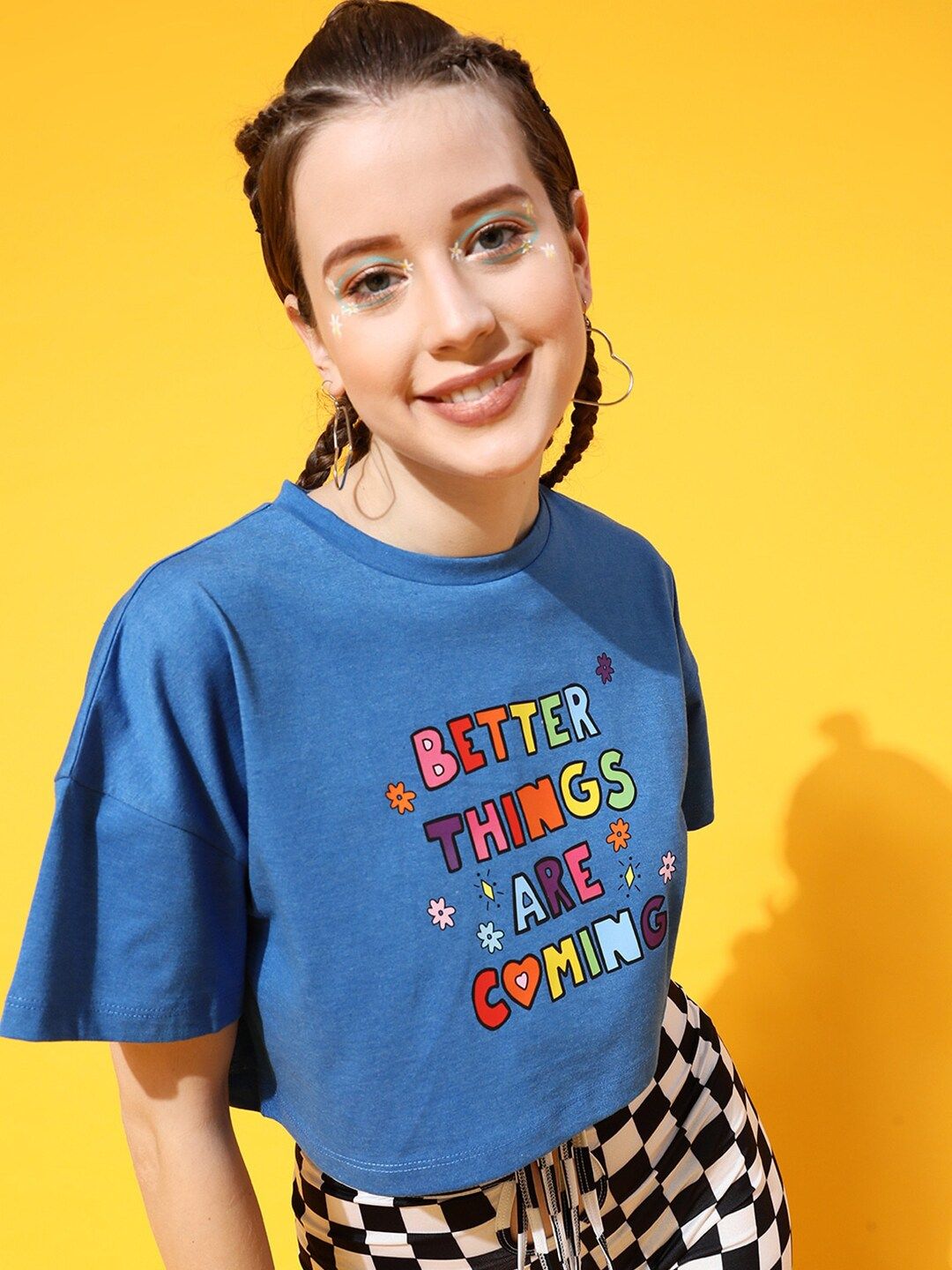 STREET 9 Women Blue Typography Printed Oversized  Crop T-shirt