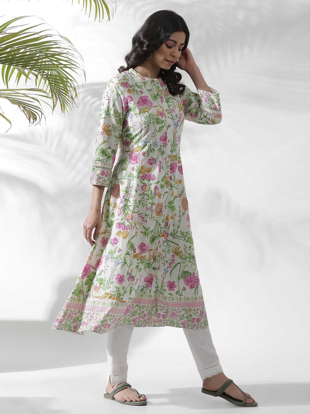 W Off white Floral Printed Cotton Kurta