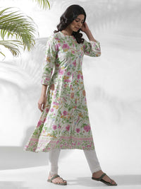 W Off white Floral Printed Cotton Kurta