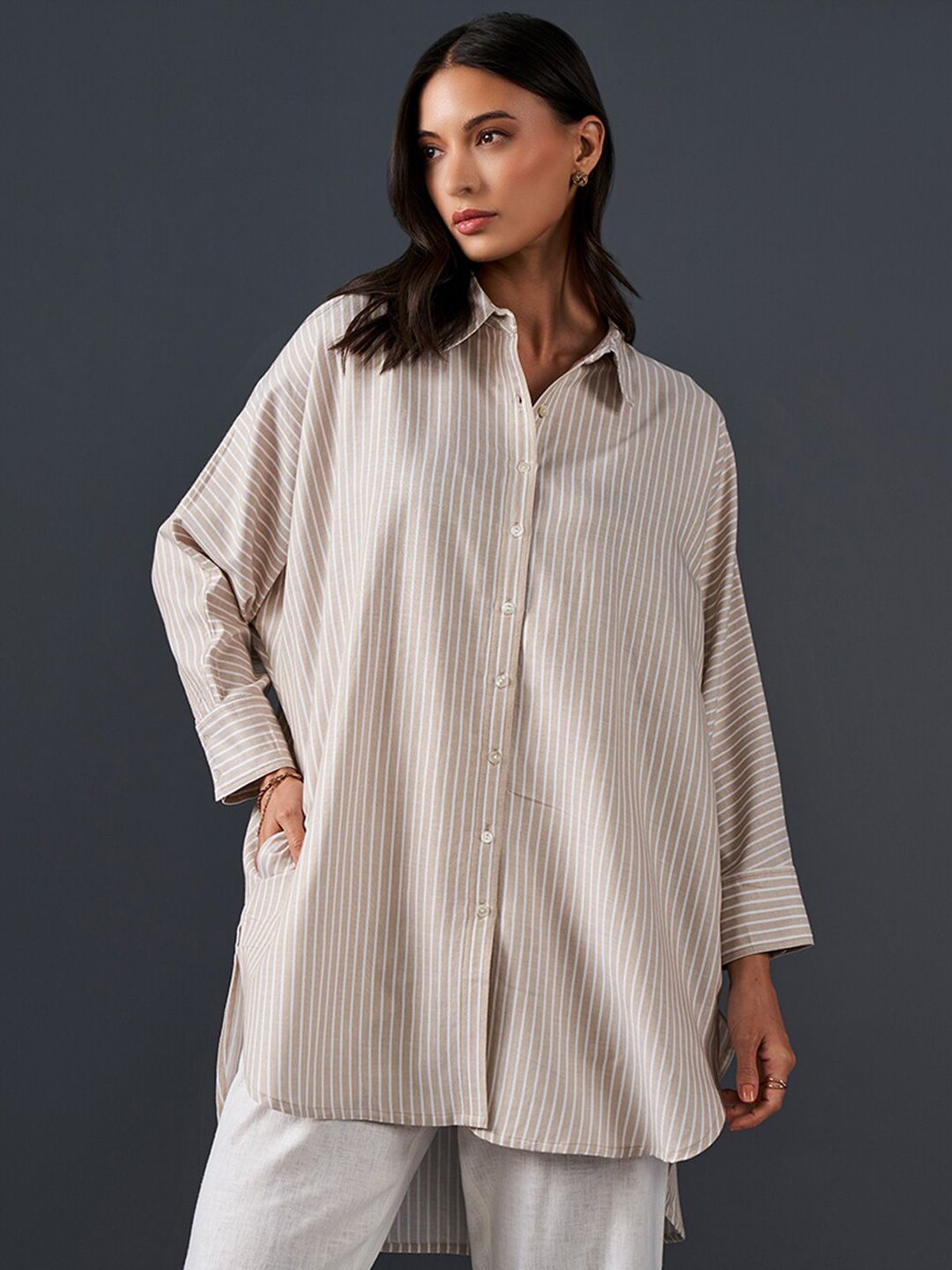 AND Striped Pure Cotton Longline Shirt Style Top