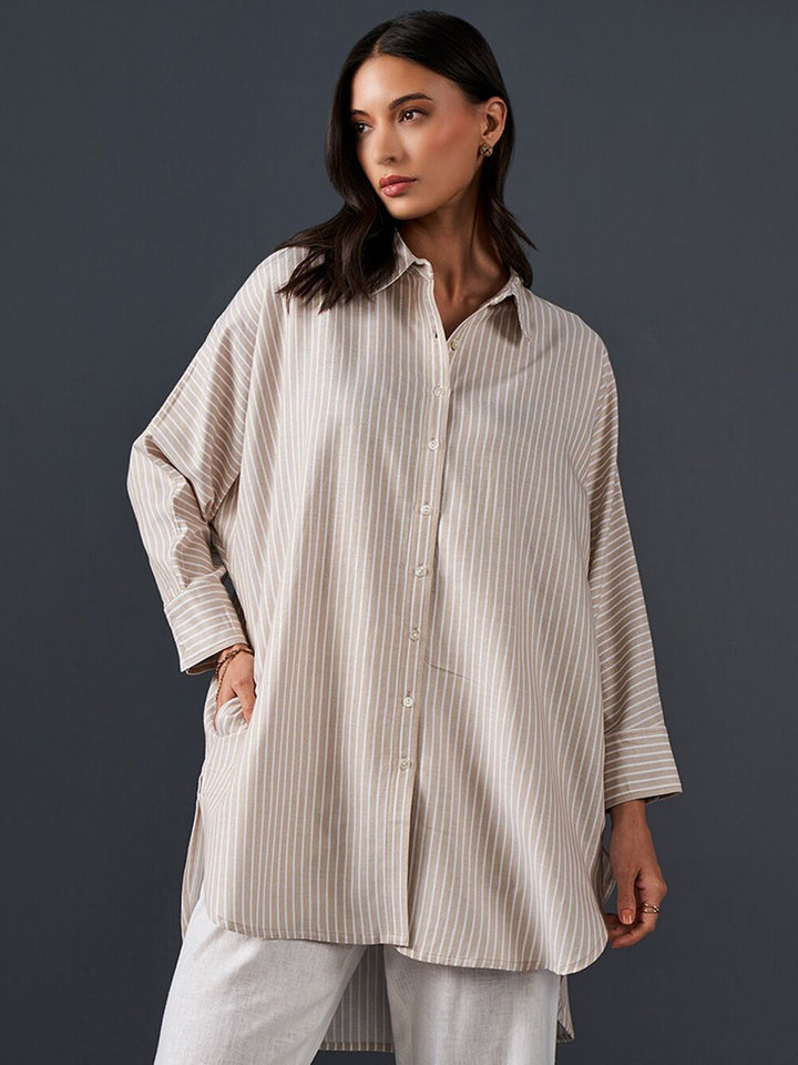AND Striped Pure Cotton Longline Shirt Style Top