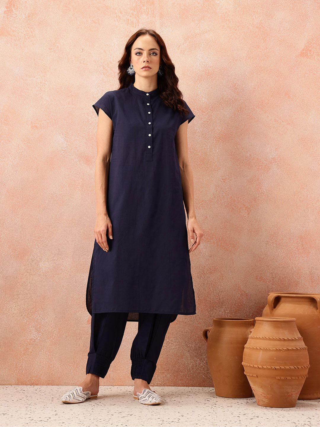 all about you Pathani Style Pure Cotton Extended Sleeve Kurta with Smock Cuffed Salwar