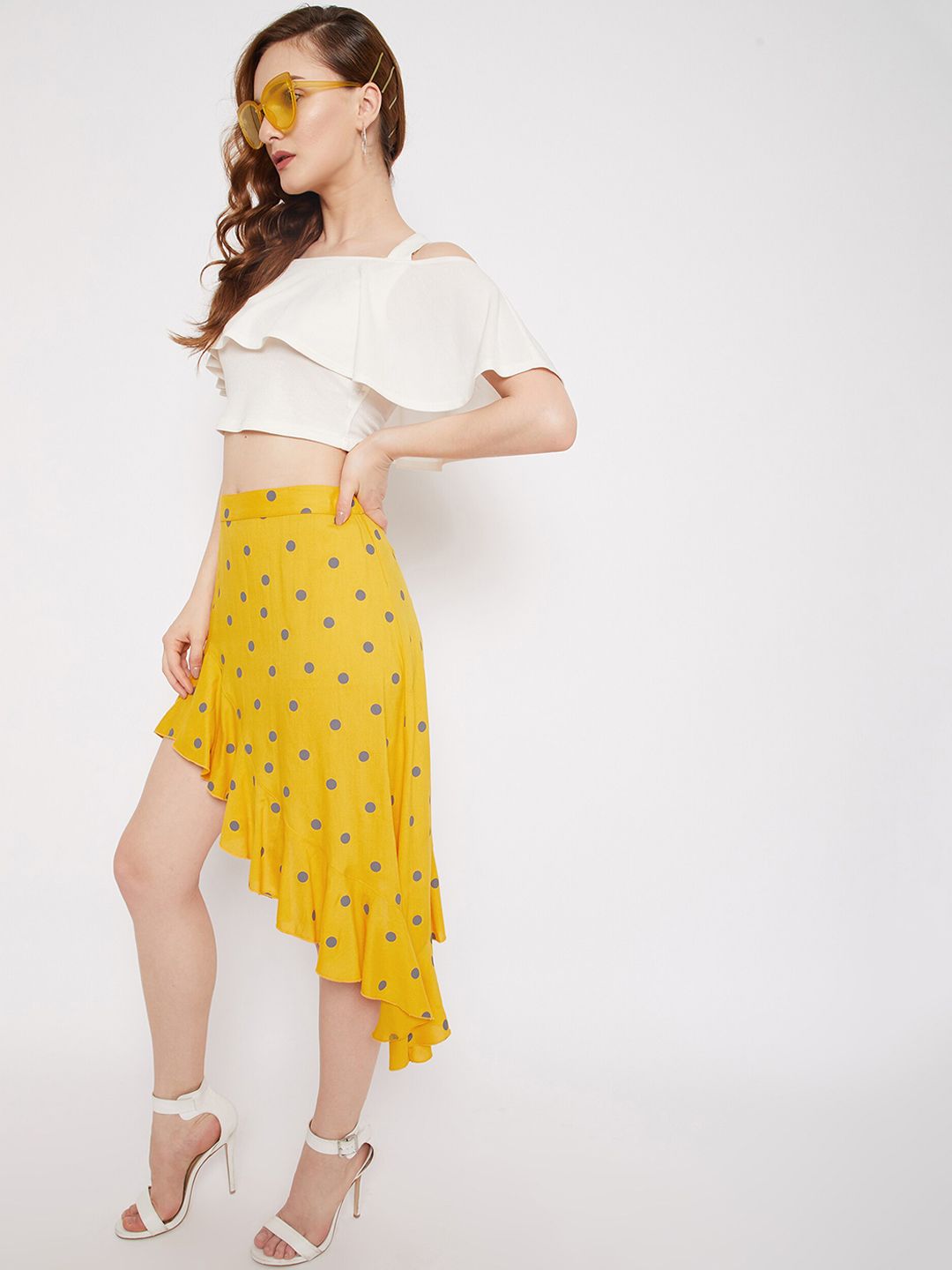 Berrylush Women Yellow & Purple Polka Dot Printed A-line Midi Asymmetric Ruffled Hem Skirt
