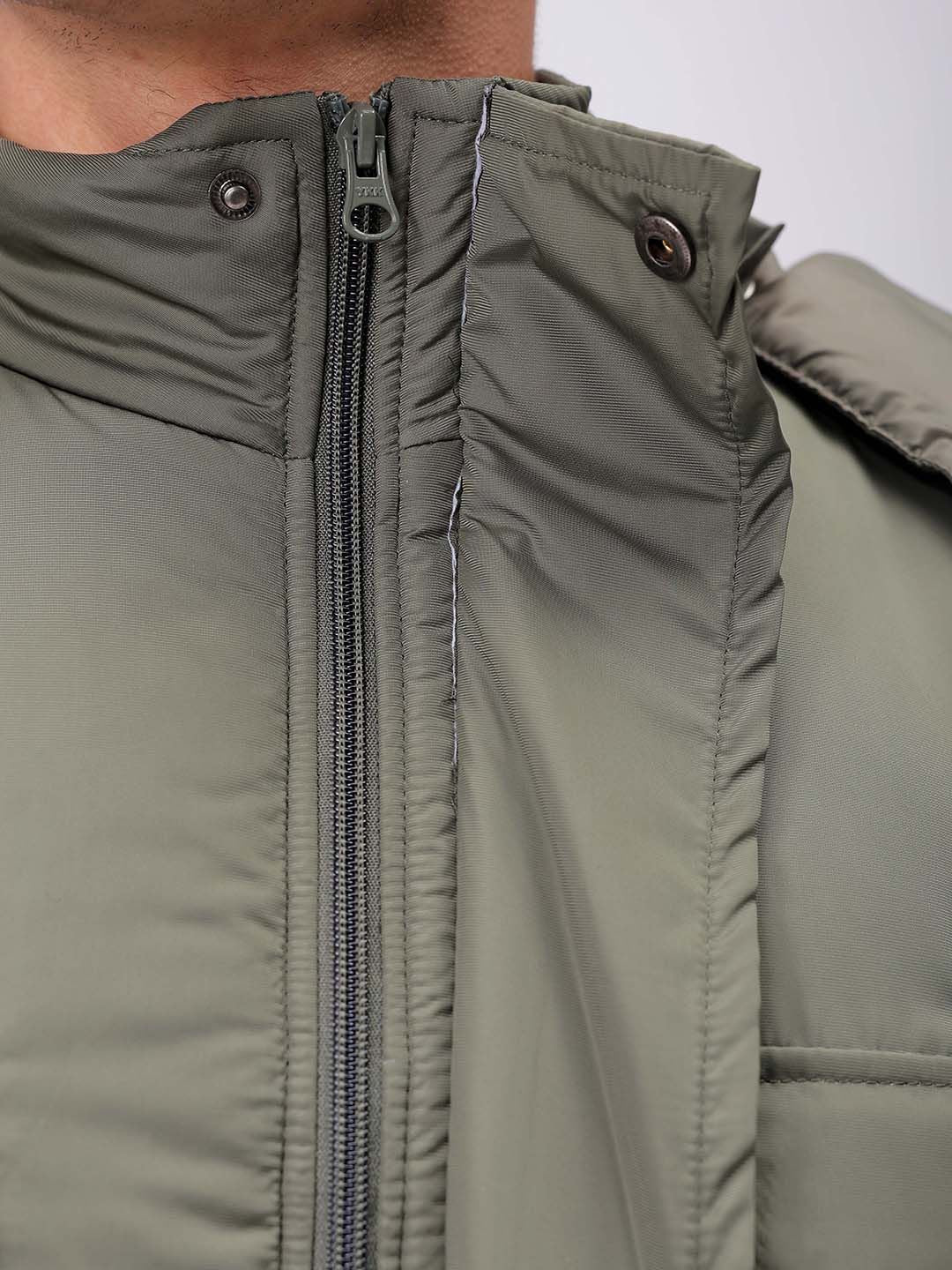 The Indian Garage Co Men Olive Solid Hooded Neck Padded Parka Jacket