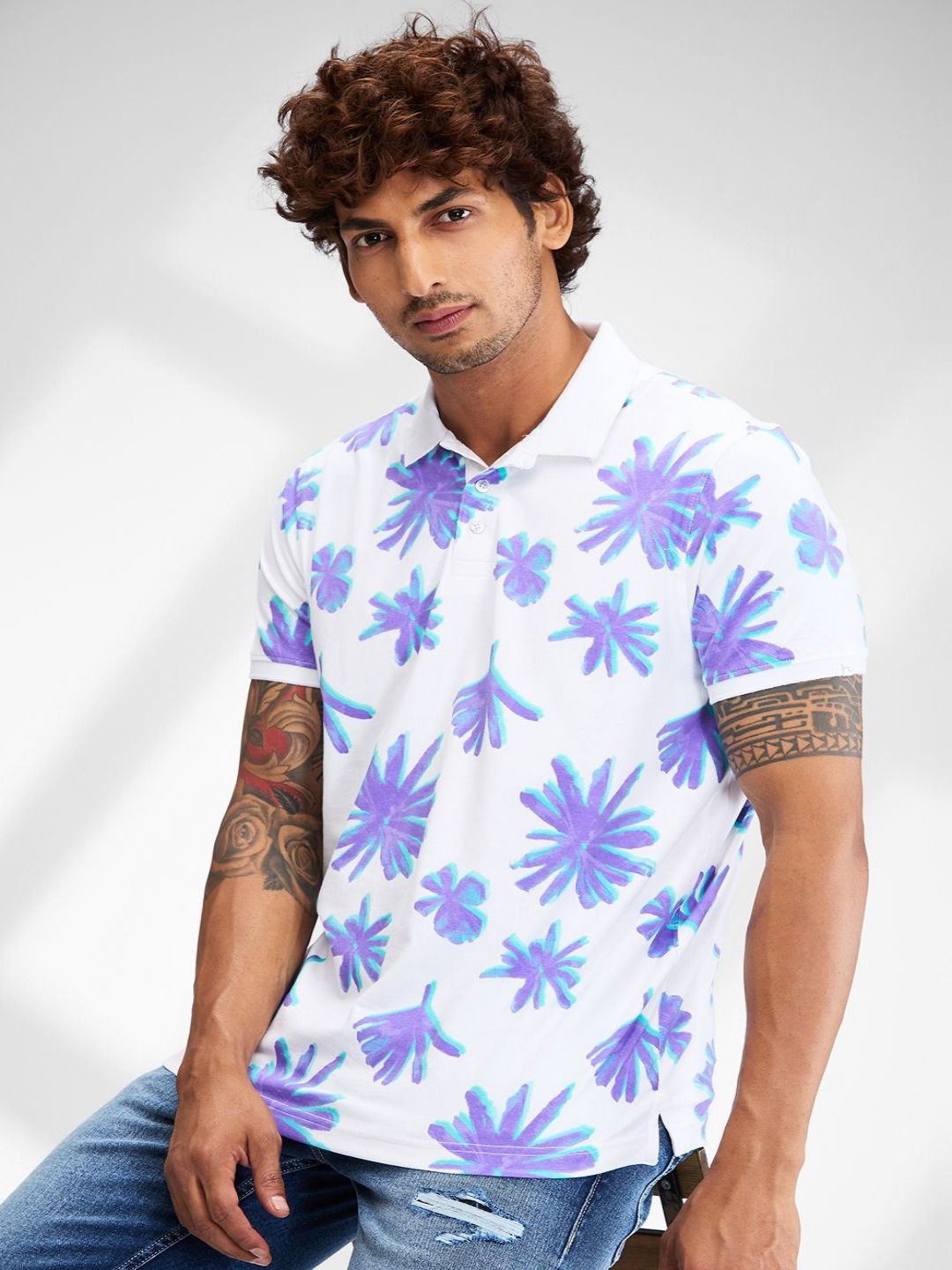 SPYKAR Men Floral Printed Polo Collar Tropical Slim Fit T-shirt
