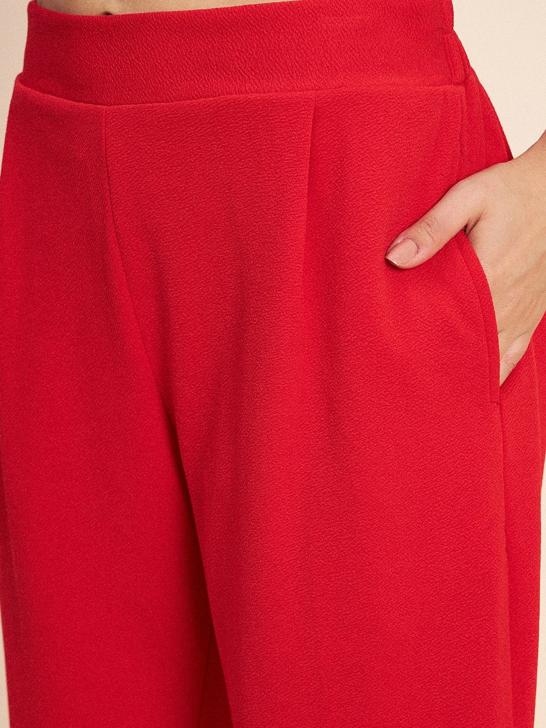 Antheaa Red Shawl Neck Long Line Coat & Trousers Co-Ords Set