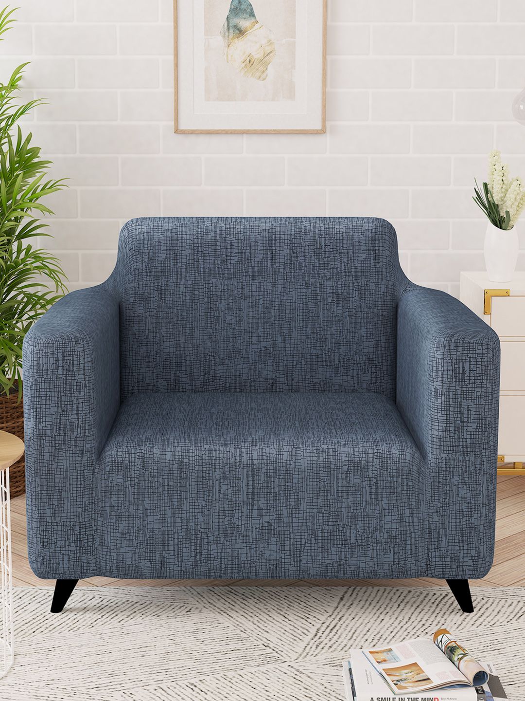 Story@home Grey & Black Printed 1 Seater Stretchable Sofa Cover With Arms
