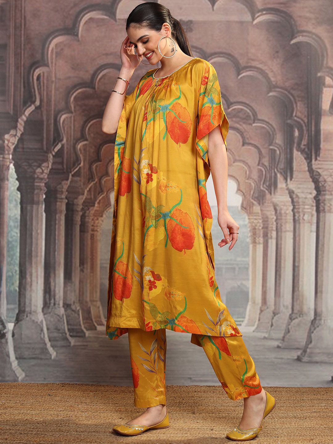 Vishudh Mustard Yellow & Red Floral Printed Straight Kurta with Trousers