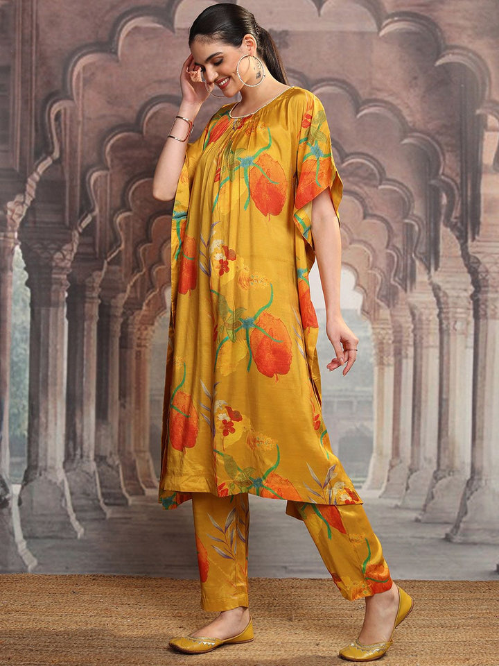 Vishudh Mustard Yellow & Red Floral Printed Straight Kurta with Trousers