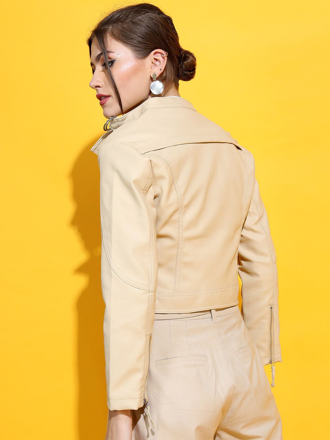 Tokyo Talkies Women Beige Crop Biker Jacket