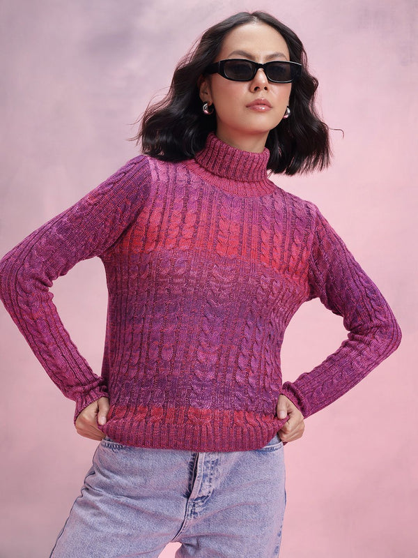 DressBerry Turtle Neck Cable Knit Design Acrylic Pullover