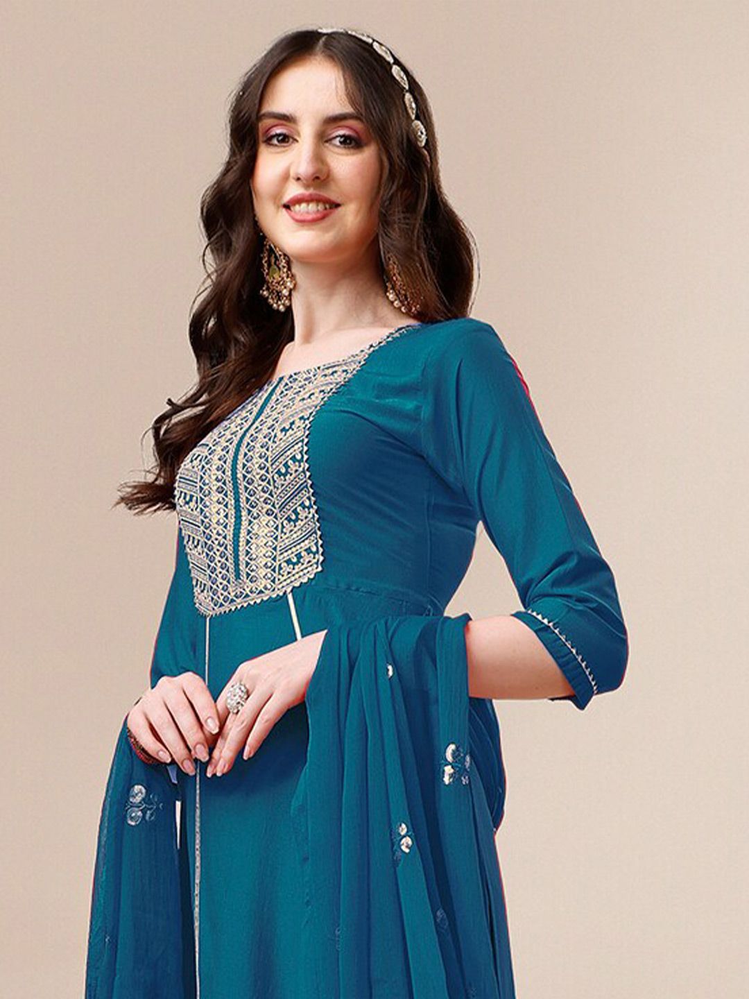 KALINI Round Neck Embroidered Gotta Patti Straight Kurta with Palazzos & With Dupatta