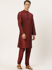 SOJANYA Men Maroon Solid Kurta with Churidar & Ethnic Jacket