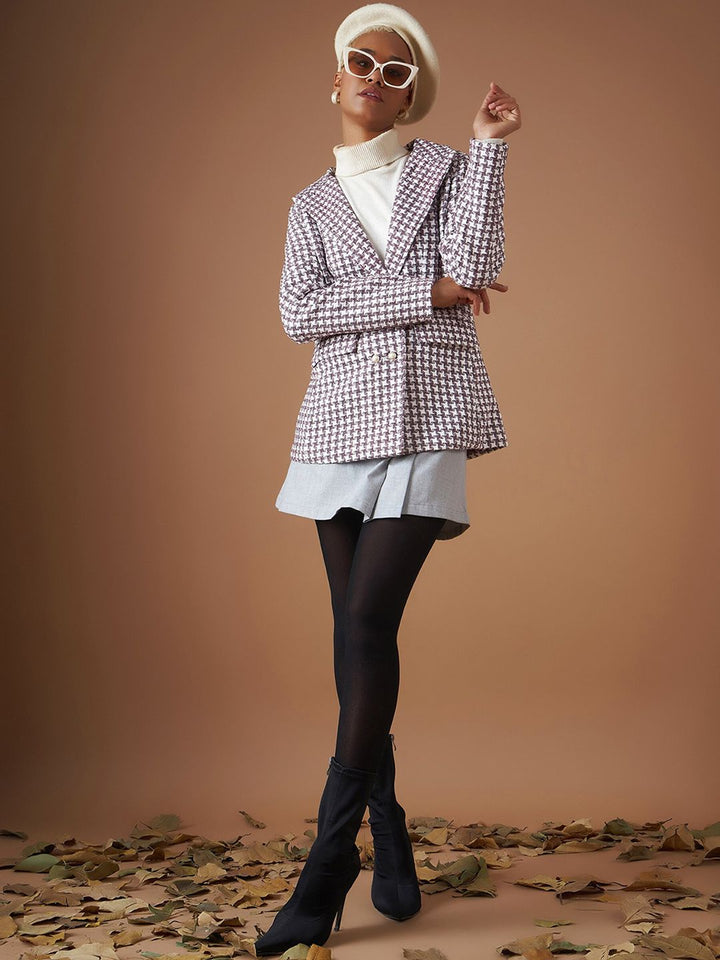 SASSAFRAS Burgundy Jacquard Tweed Peaked Lapel Long Sleeves Double-Breasted Casual Blazer