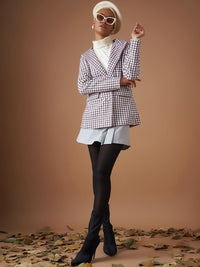 SASSAFRAS Burgundy Jacquard Tweed Peaked Lapel Long Sleeves Double-Breasted Casual Blazer
