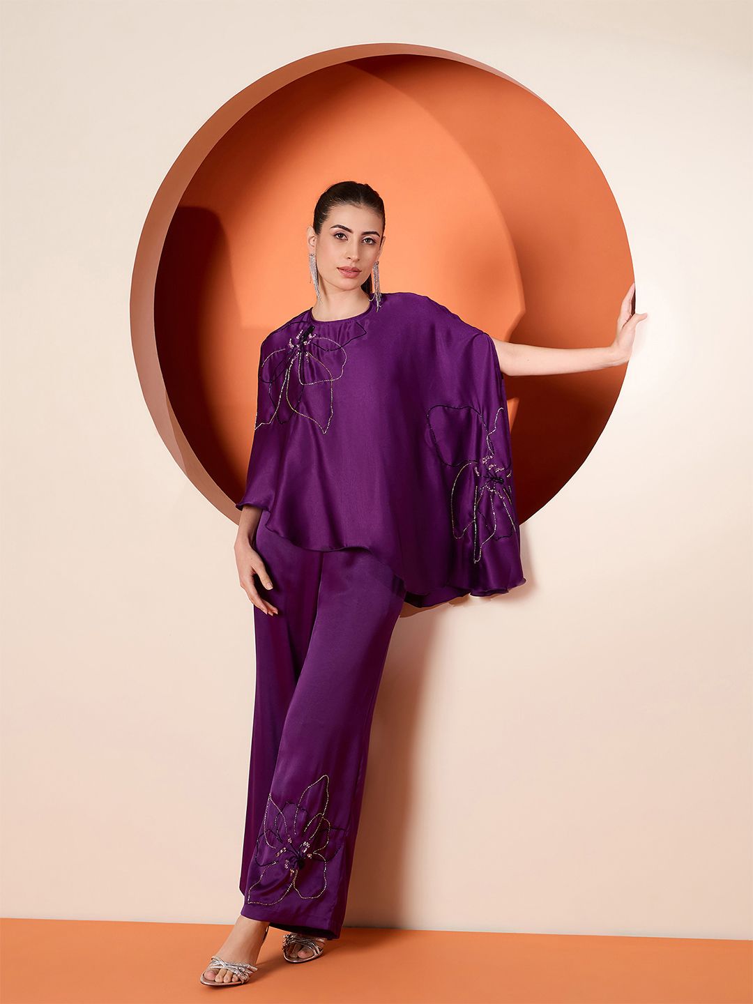 Antheaa Embellished Satin Top With Trousers Co-Ords