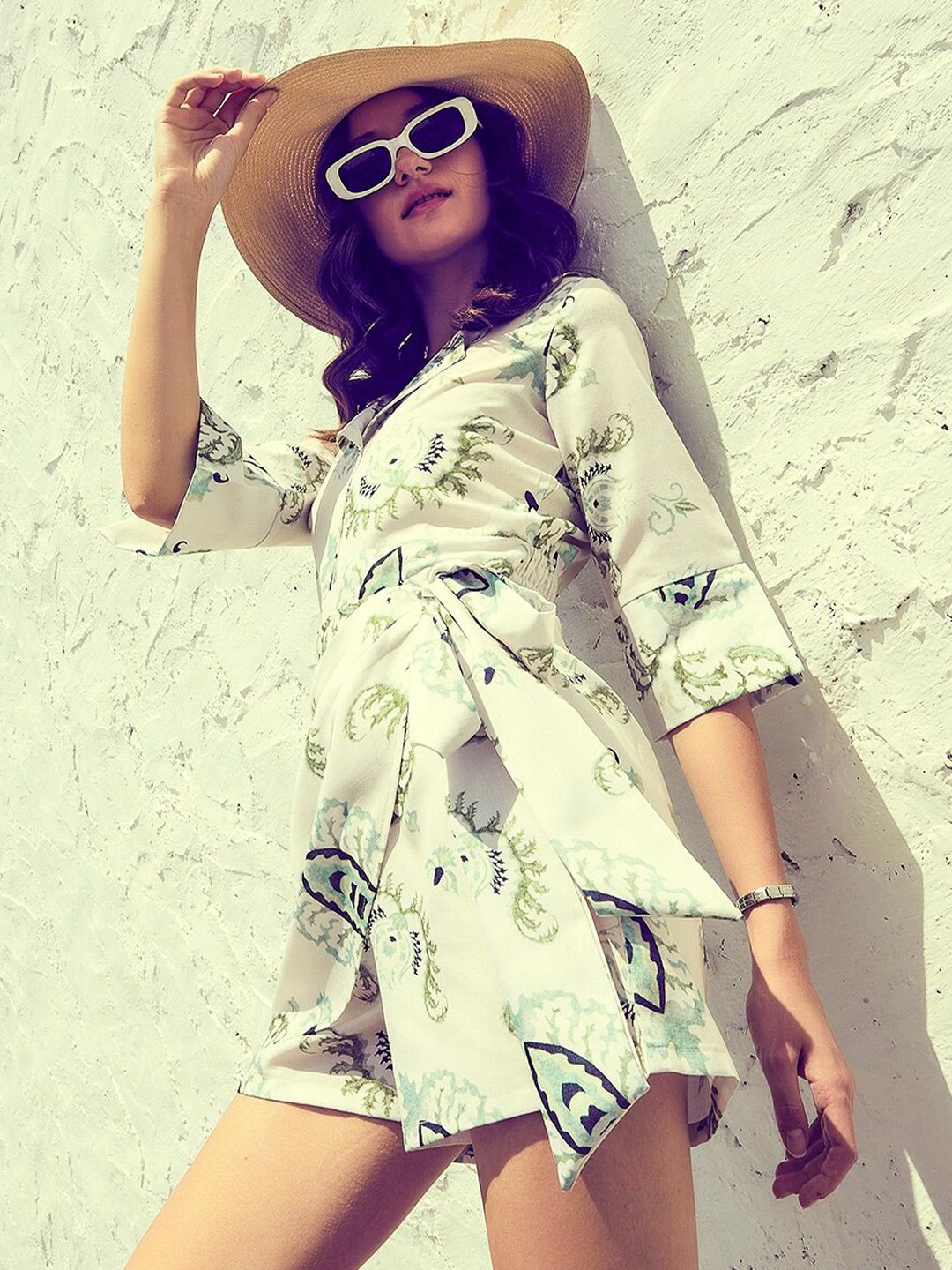 Athena Green & White Linen Printed Jumpsuit